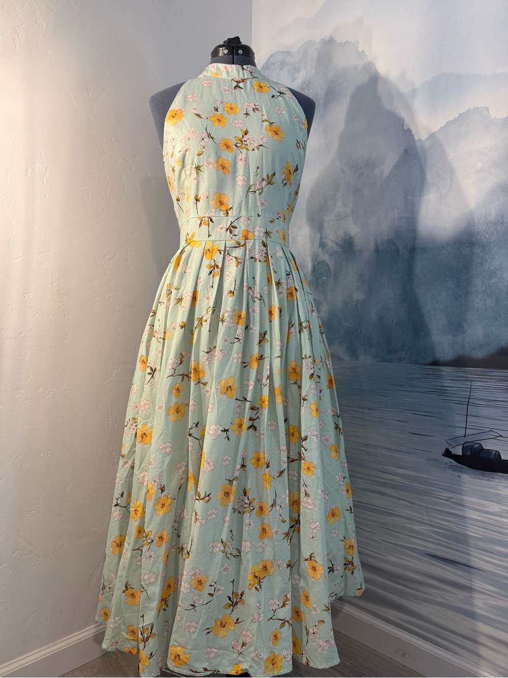 Mint Halter Maxi Dress with Yellow Floral Print